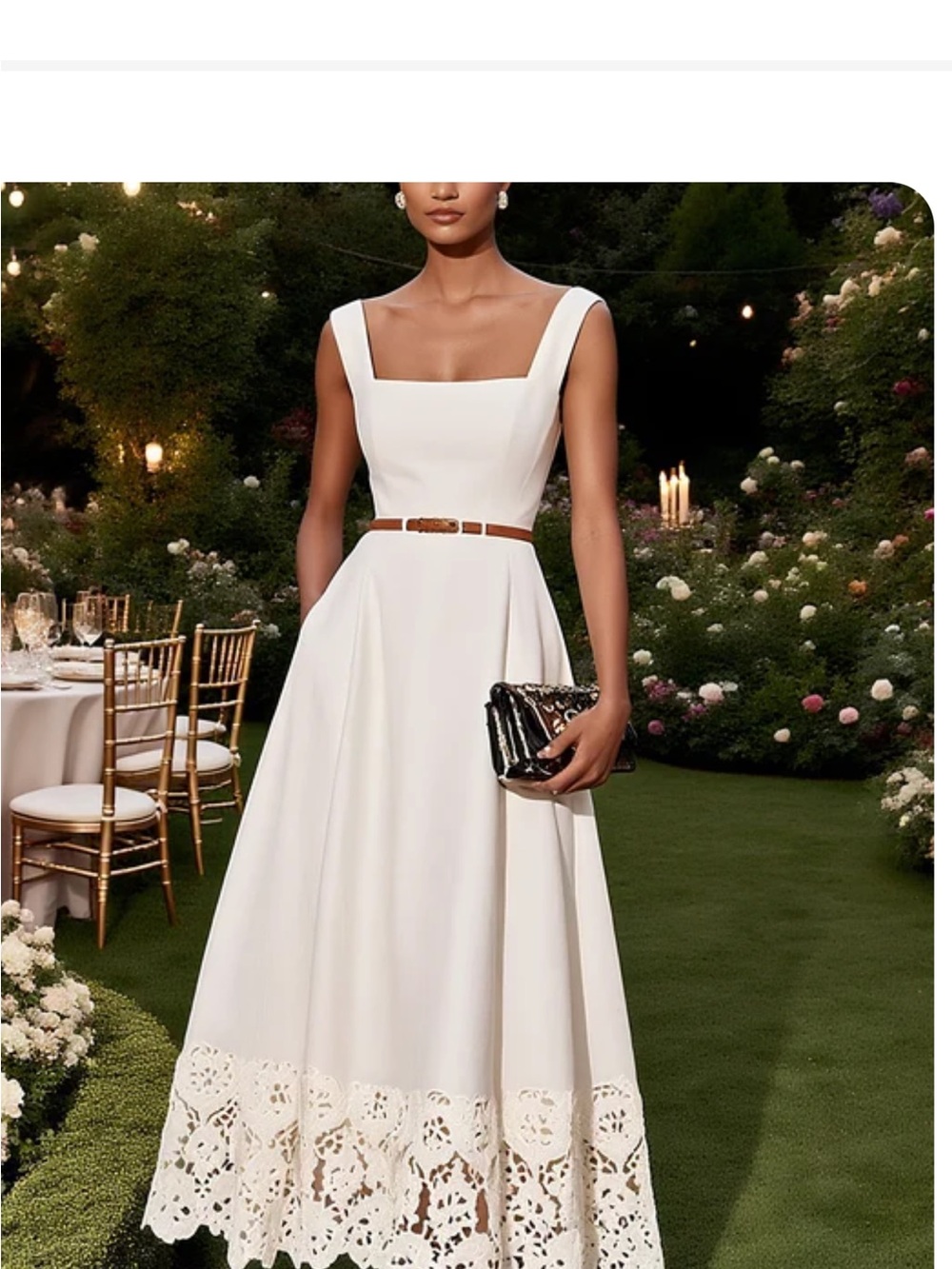 Sleeveless White Dress with Lace Hem